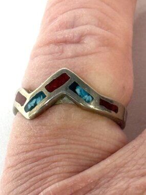 Alpaca silver and crushed turquoise and coral geometric ring.